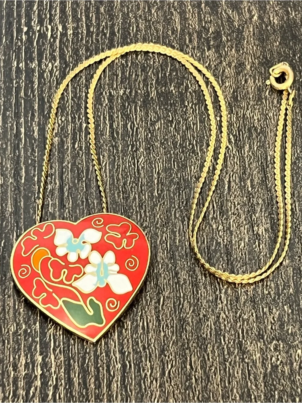 Vintage Cloisonne Red Heart Pendant Necklace Enamel Floral Butterfly Motifs 18